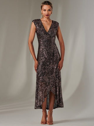 Sequin Ruffle Hem Maxi Dress, Black Rose Gold