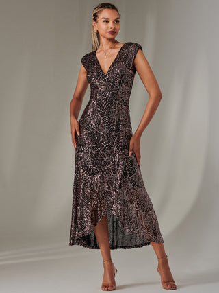 Sequin Ruffle Hem Maxi Dress, Black Rose Gold