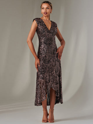 Sequin Ruffle Hem Maxi Dress, Black Rose Gold
