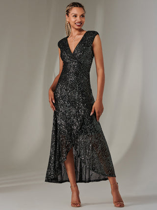 Sequin Ruffle Hem Maxi Dress, Black-Silver