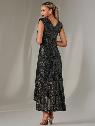 Sequin Ruffle Hem Maxi Dress, Black-Silver