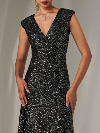 Sequin Ruffle Hem Maxi Dress, Black-Silver