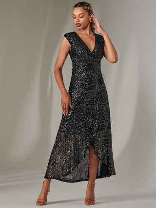 Sequin Ruffle Hem Maxi Dress, Black-Silver