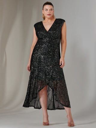 Sequin Ruffle Hem Maxi Dress, Black-Silver
