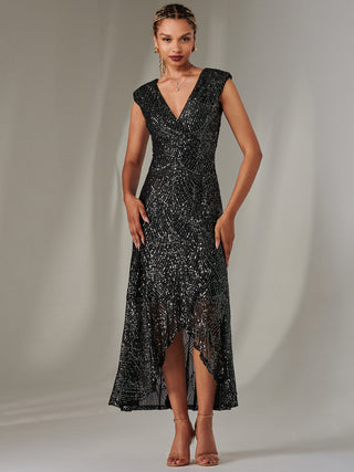 Sequin Ruffle Hem Maxi Dress, Black-Silver