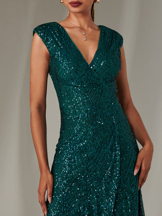 Sequin Ruffle Hem Maxi Dress, Green
