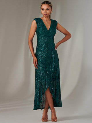 Sequin Ruffle Hem Maxi Dress, Green