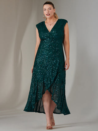 Sequin Ruffle Hem Maxi Dress, Green