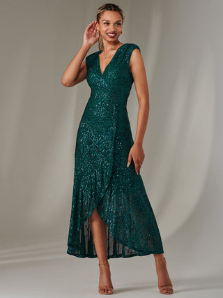 Sequin Ruffle Hem Maxi Dress, Green