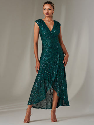 Sequin Ruffle Hem Maxi Dress, Green