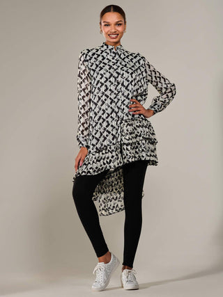 Dipped Hem Shirt Midi Dress, Black Geo