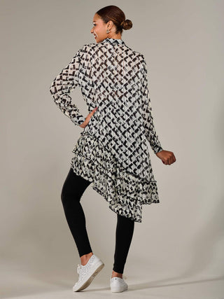 Dipped Hem Shirt Midi Dress, Black Geo