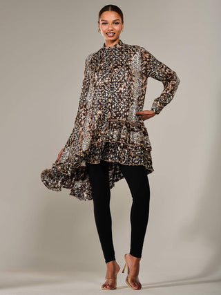 Dipped Hem Shirt Midi Dress, Brown Animal