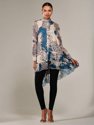 Dipped Hem Shirt Midi Dress, Teal Animal