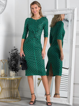 Qyara Jersey Twist Bodycon Midi Dress, Green Geo