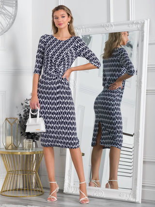 Qyara Jersey Twist Bodycon Midi Dress, Navy Geo
