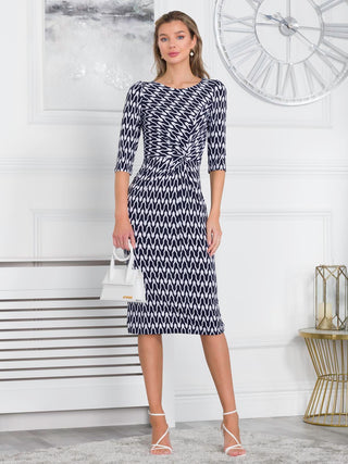 Qyara Jersey Twist Bodycon Midi Dress, Navy Geo