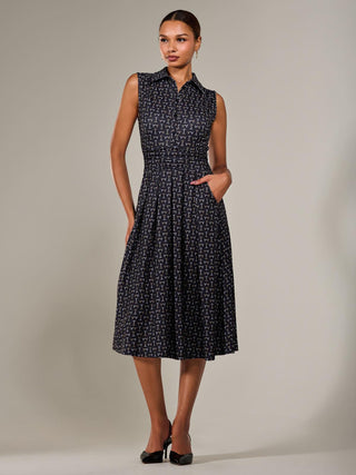 Button Sleeveless Midi Dress, Black Abstract