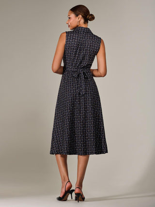 Button Sleeveless Midi Dress, Black Abstract