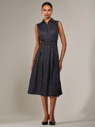 Button Sleeveless Midi Dress, Black Abstract