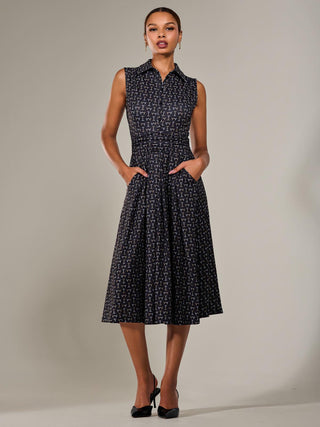 Button Sleeveless Midi Dress, Black Abstract