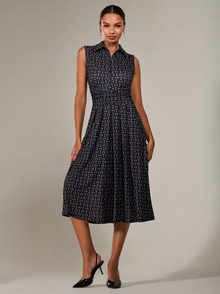 Button Sleeveless Midi Dress, Black Abstract