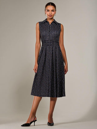 Button Sleeveless Midi Dress, Black Abstract