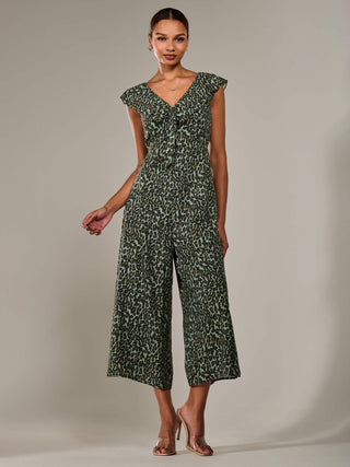 Frill Tie-front Jumpsuit, Green Leopard