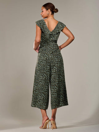 Frill Tie-front Jumpsuit, Green Leopard