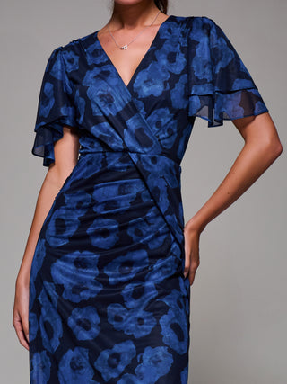 Angel Sleeve Draped Mesh Maxi Dress, Blue Abstract