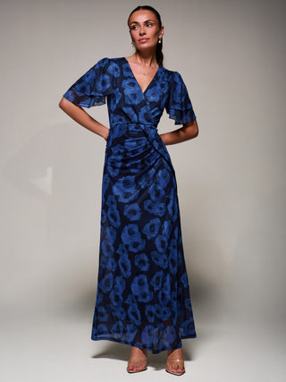 Angel Sleeve Draped Mesh Maxi Dress, Blue Abstract