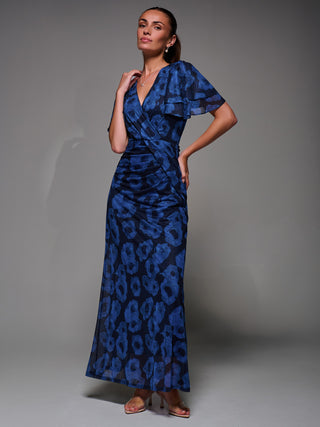 Angel Sleeve Draped Mesh Maxi Dress, Blue Abstract