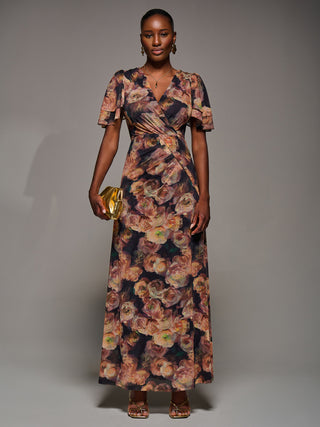 Angel Sleeve Draped Mesh Maxi Dress, Orange Floral