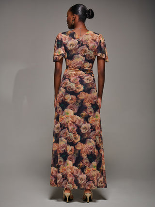 Angel Sleeve Draped Mesh Maxi Dress, Orange Floral