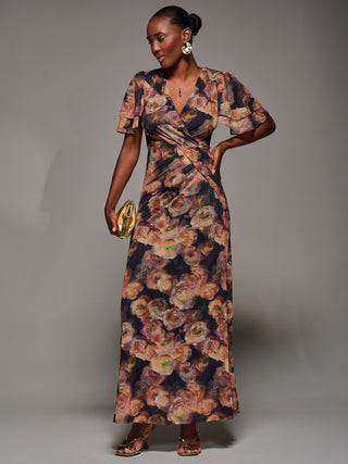 Angel Sleeve Draped Mesh Maxi Dress, Orange Floral