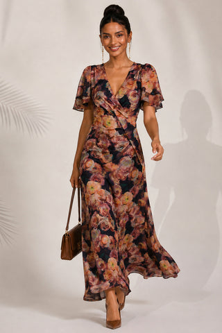 Angel Sleeve Draped Mesh Maxi Dress, Orange Floral