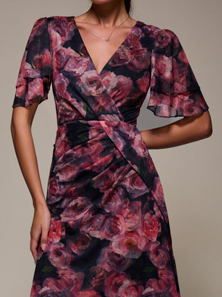Angel Sleeve Draped Mesh Maxi Dress, Pink Floral