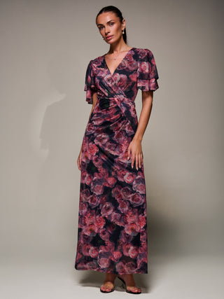 Angel Sleeve Draped Mesh Maxi Dress, Pink Floral