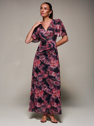 Angel Sleeve Draped Mesh Maxi Dress, Pink Floral