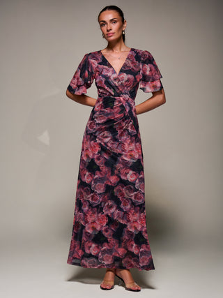 Angel Sleeve Draped Mesh Maxi Dress, Pink Floral