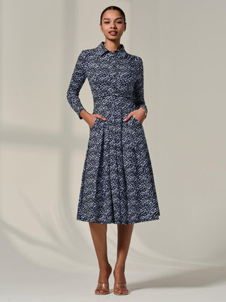 Long Sleeve Button Up Midi Dress, Navy Pattern