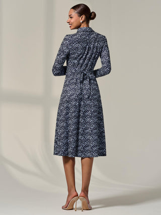 Long Sleeve Button Up Midi Dress, Navy Pattern