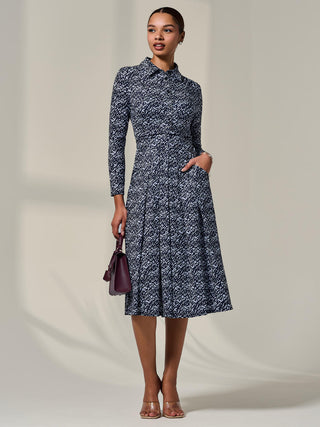 Long Sleeve Button Up Midi Dress, Navy Pattern