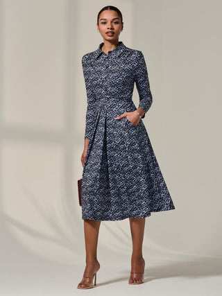 Long Sleeve Button Up Midi Dress, Navy Pattern