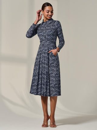Long Sleeve Button Up Midi Dress, Navy Pattern