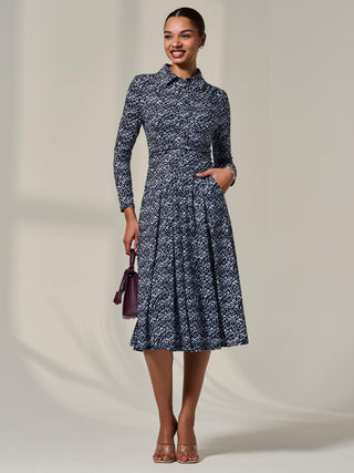 Long Sleeve Button Up Midi Dress, Navy Pattern