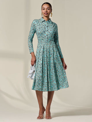Long Sleeve Button Up Midi Dress, Teal Pattern