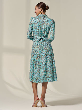 Long Sleeve Button Up Midi Dress, Teal Pattern