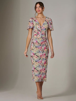 Mesh Short Sleeve Midi Dress, Multi Floral