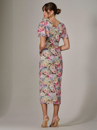 Mesh Short Sleeve Midi Dress, Multi Floral